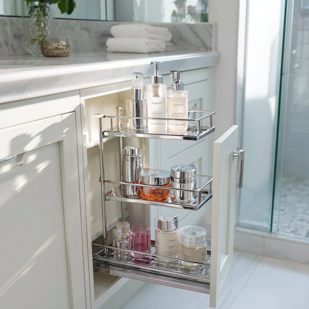 Slim pull-out storage tower next to bathroom vanity