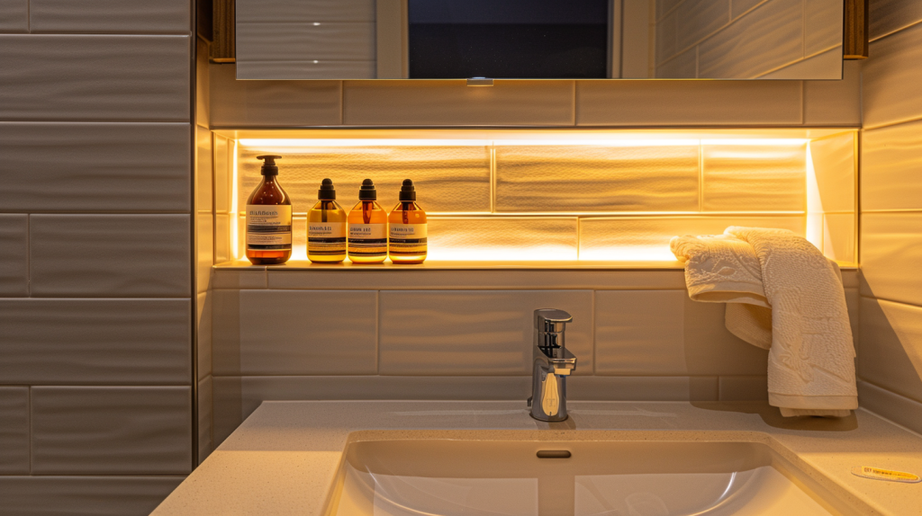 Recessed niche with LED lighting in small bathroom