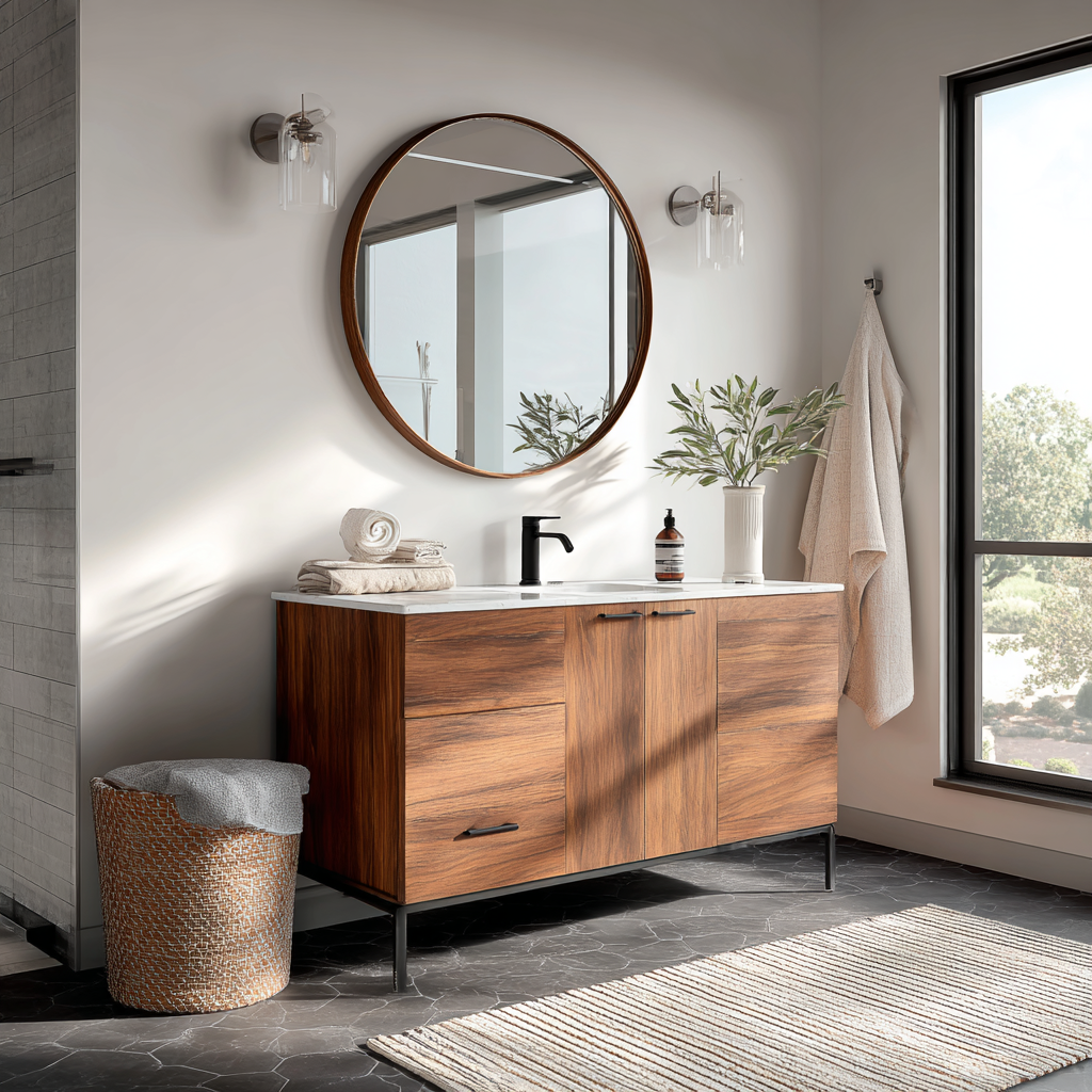 Large round wood frame mirror above vanity