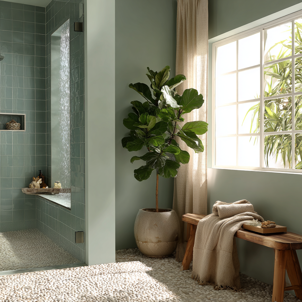 Sage green walls with teal accents and plants in bathroom