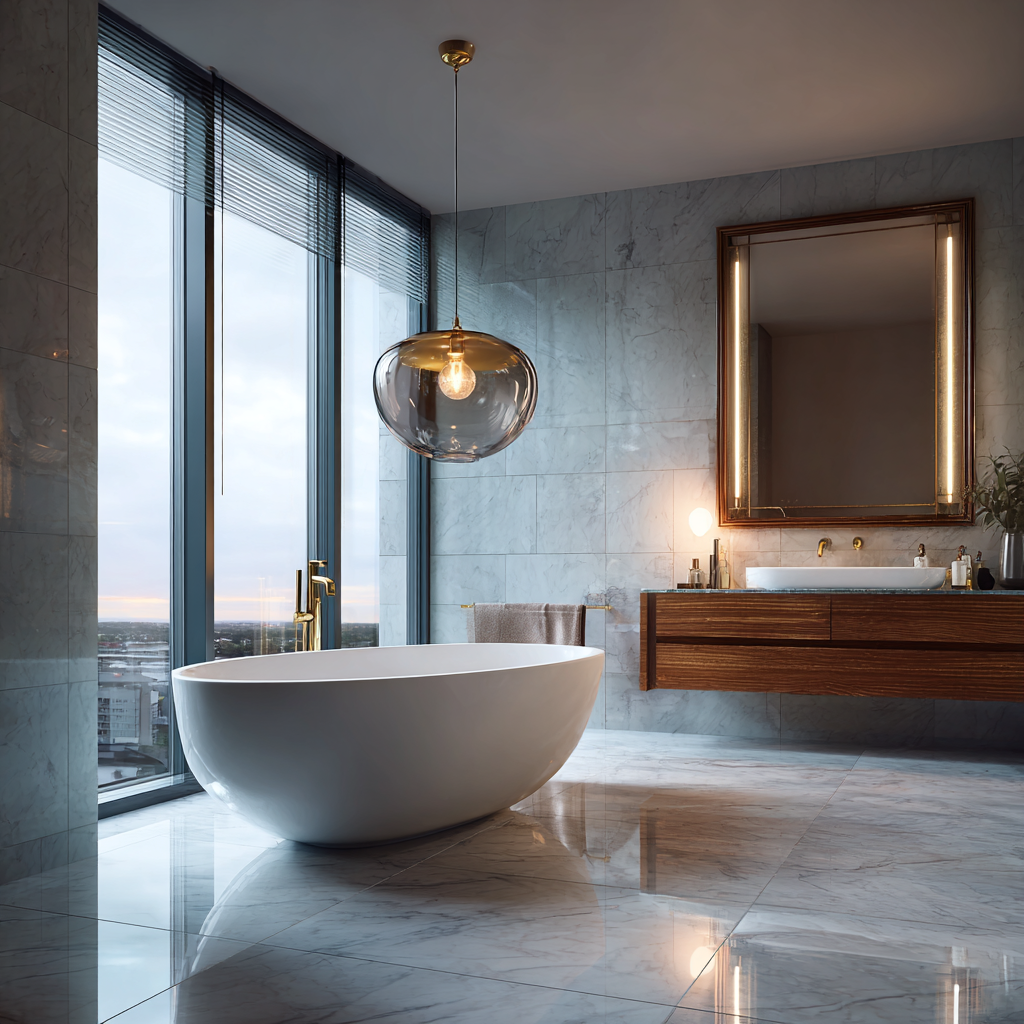 Hand-blown glass pendant light above freestanding tub