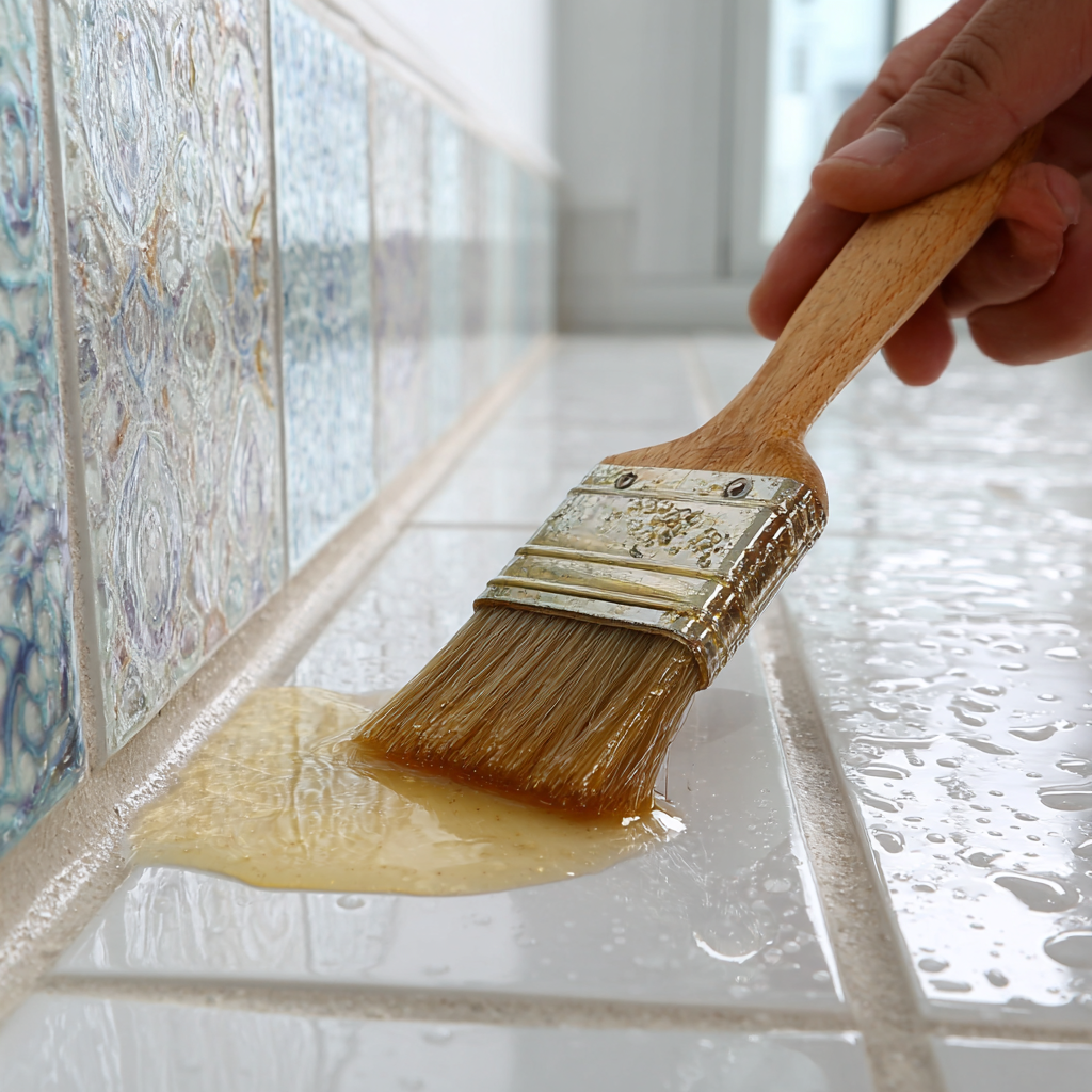 Applying sealer to grout lines on porcelain tile floor