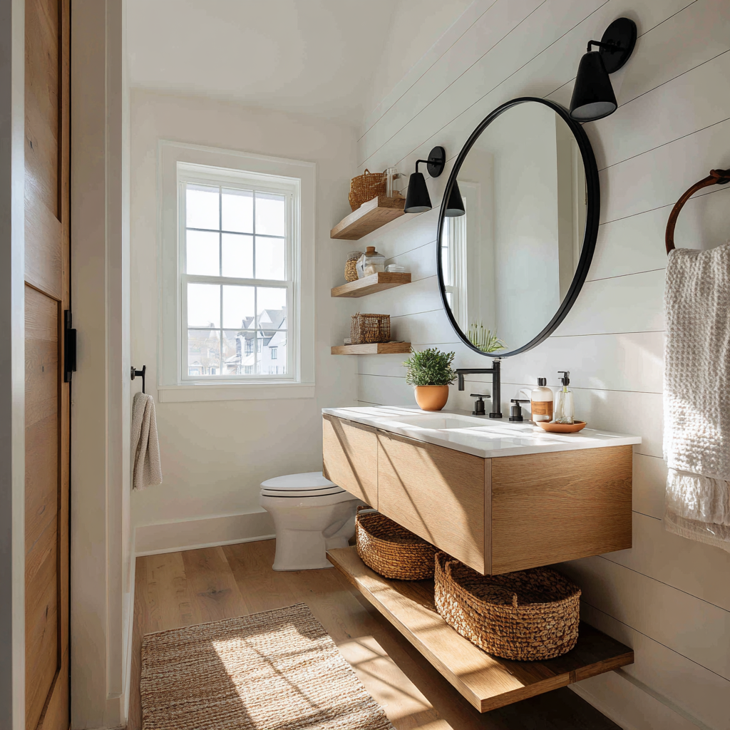 White painted shiplap accent wall with black sconces