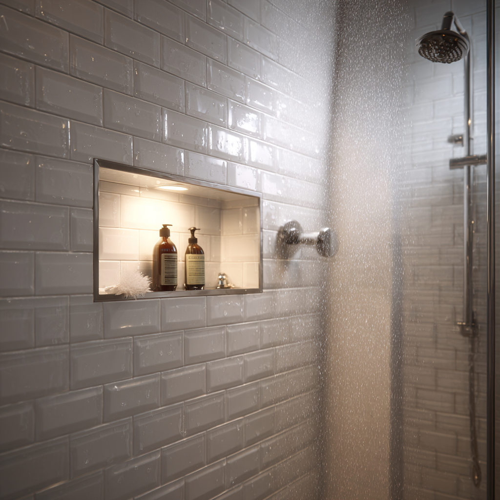 Recessed shower niche with LED light and glass shelf