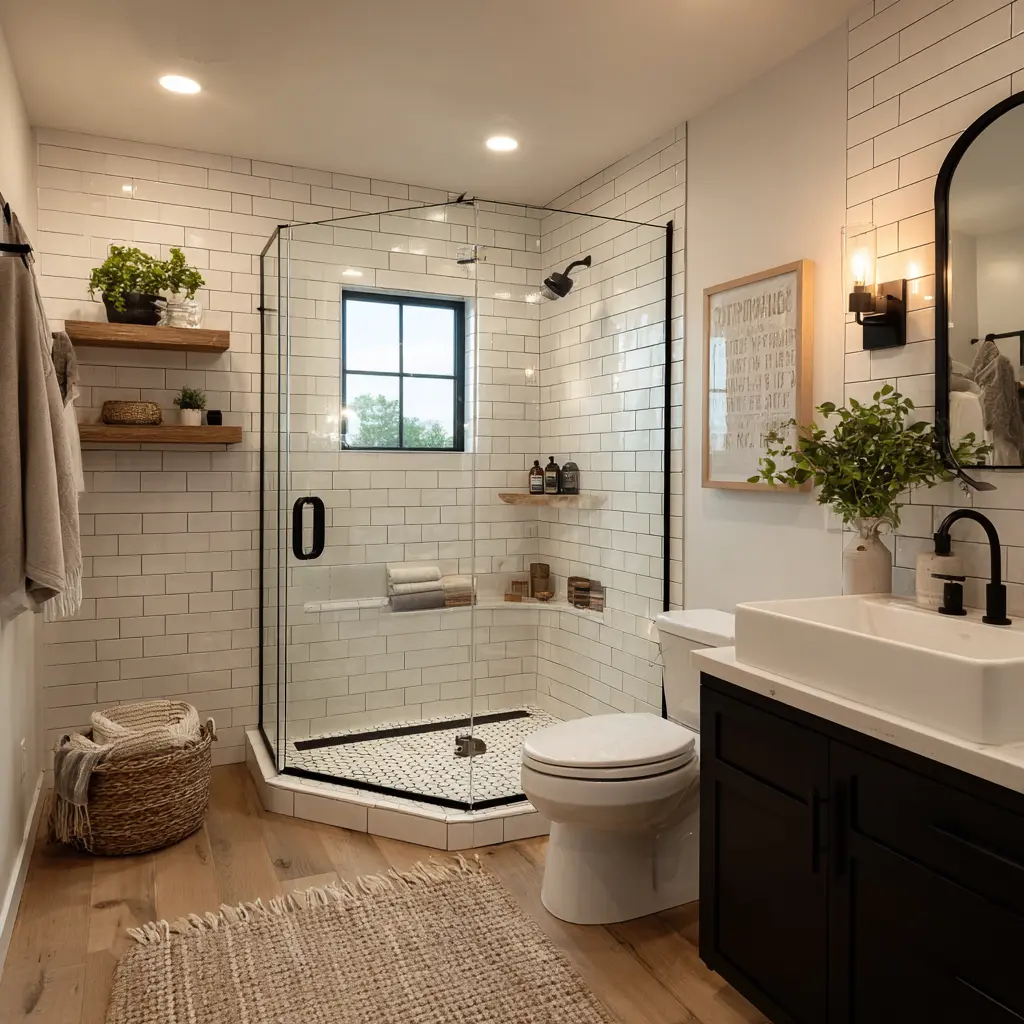 Corner glass shower with linear drain in small bathroom layout