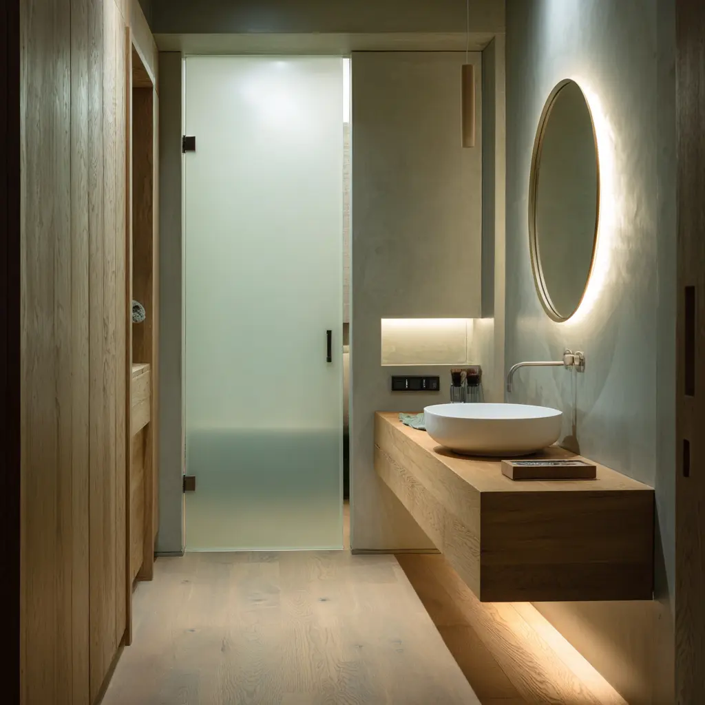 Frosted glass pocket door in compact bathroom design