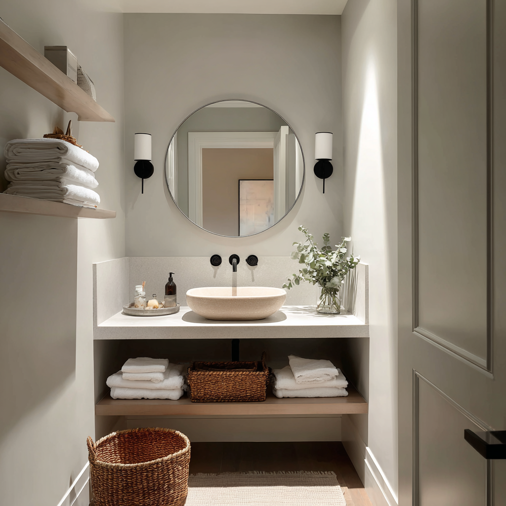 Round mirror above floating vanity in tiny bathroom