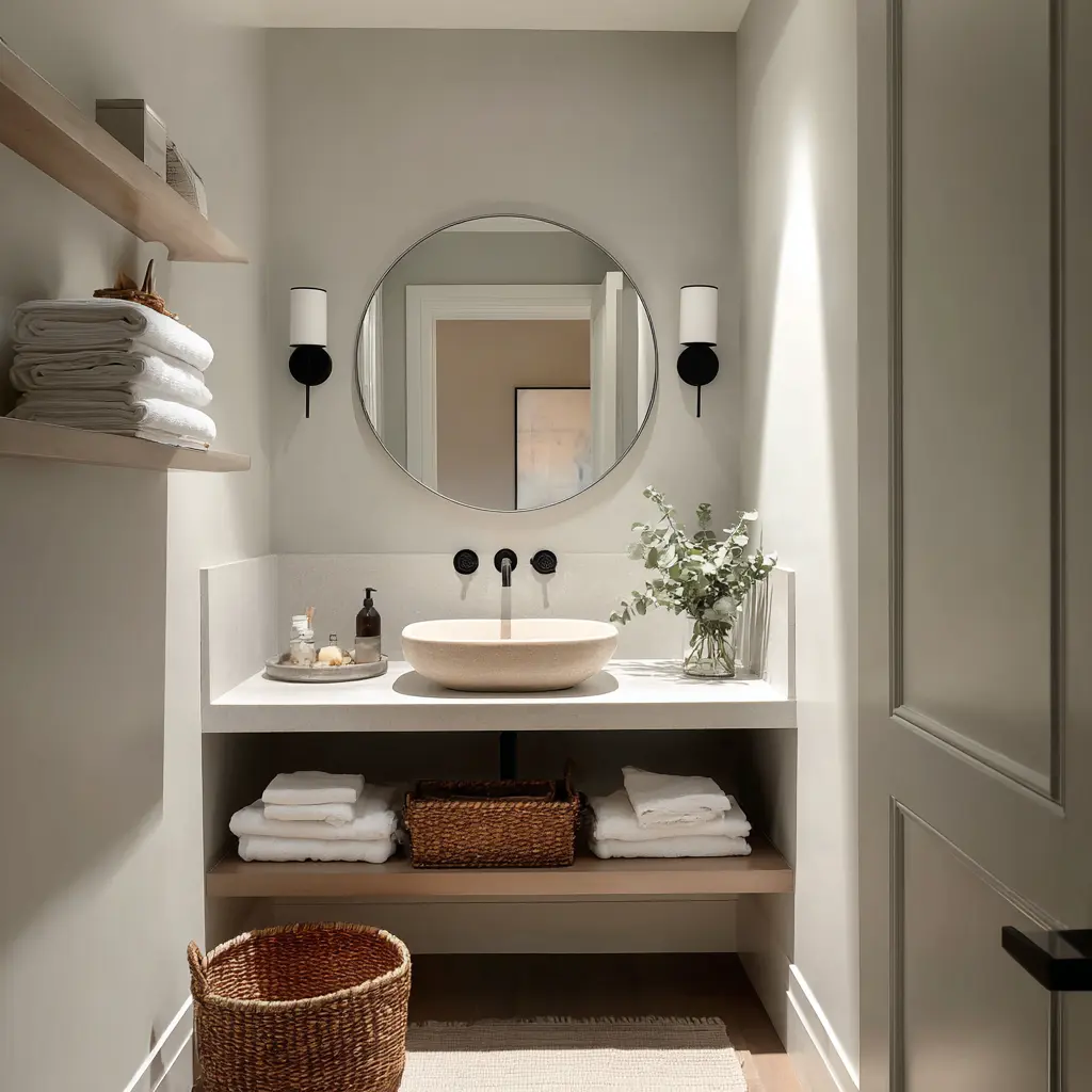 Round mirror above floating vanity in tiny bathroom
