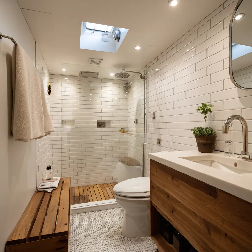 Solar tube bringing natural light into compact bathroom