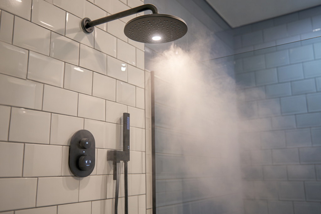 Smart rain shower with touchless faucet in San Jose bathroom