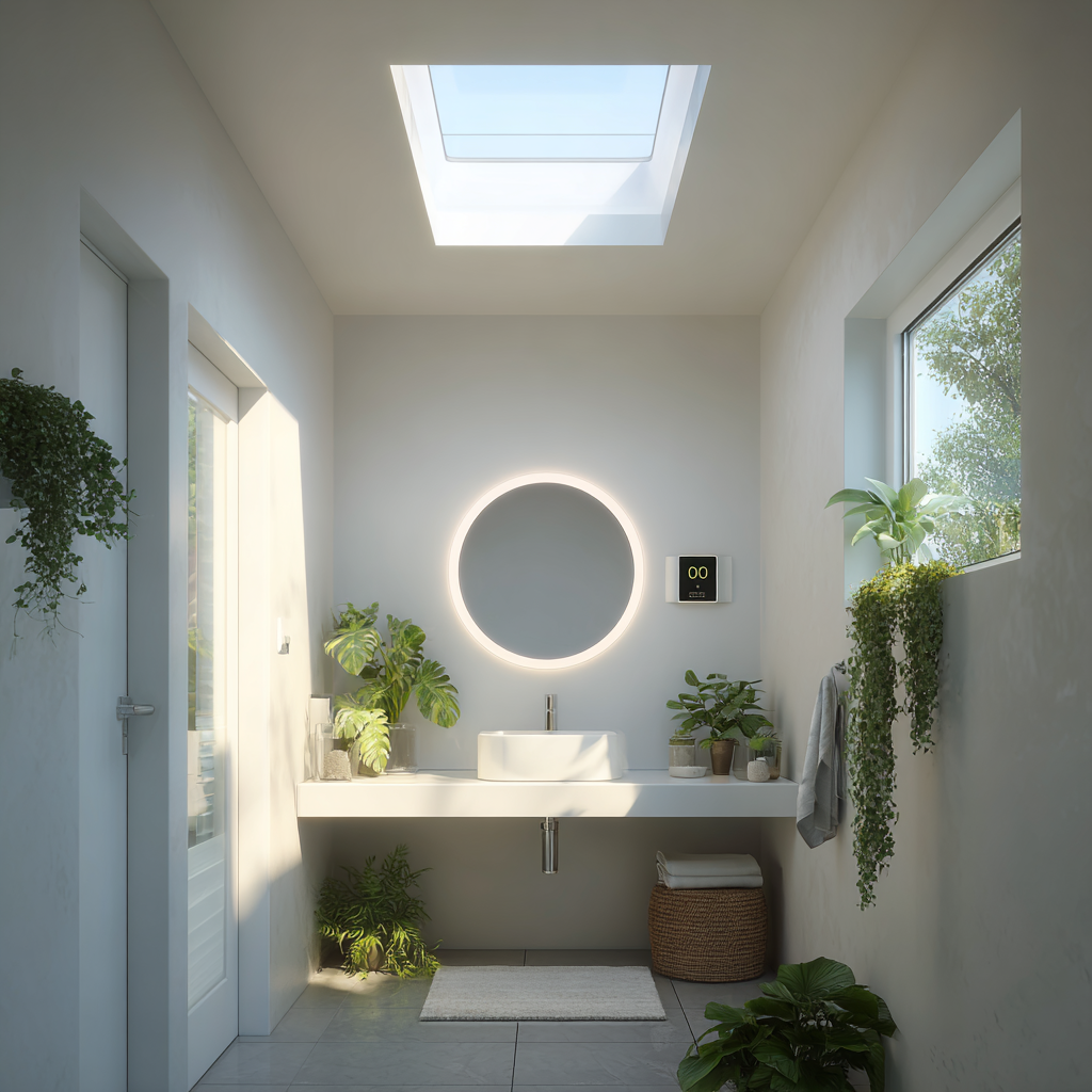 Solar tube bringing natural light into windowless bathroom