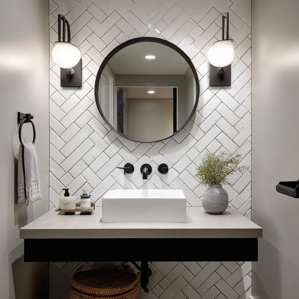 White subway tile herringbone accent wall behind vanity