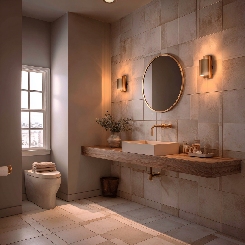 Taupe walls with champagne bronze fixtures and cream tile