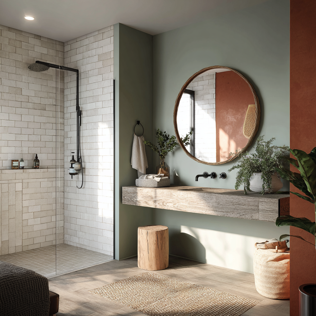 Terracotta walls with sage green vanity in modern bathroom