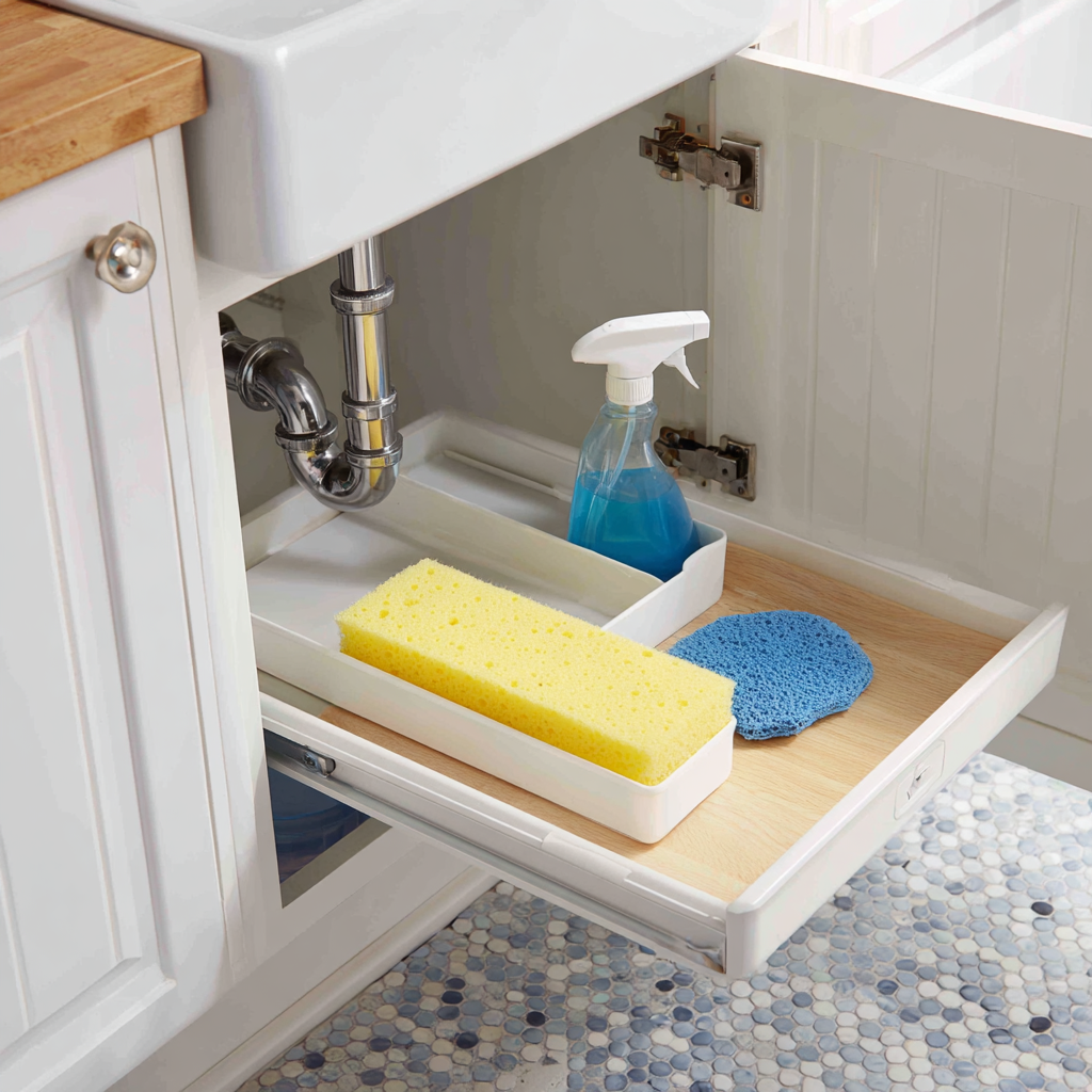 Tilt-out tray under sink holding cleaning supplies