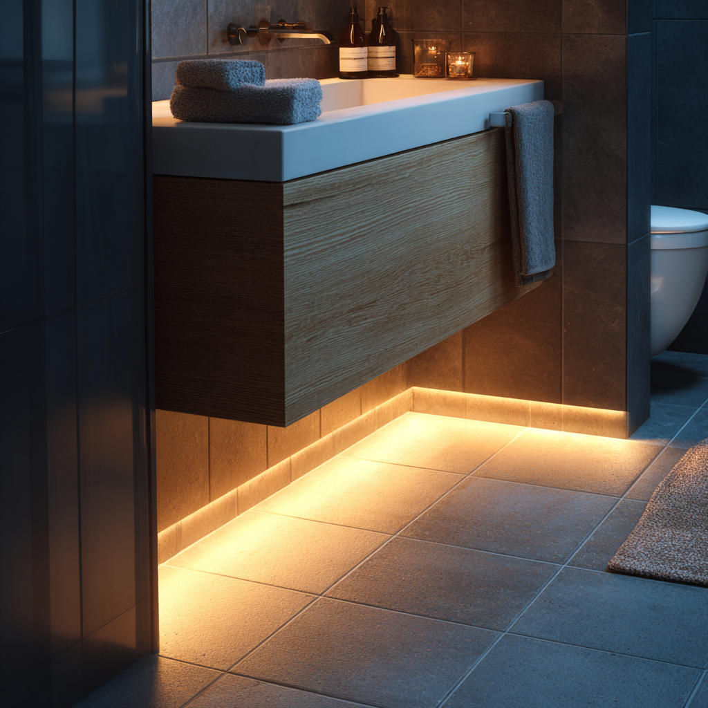 Under-vanity LED toe-kick lighting glowing at night
