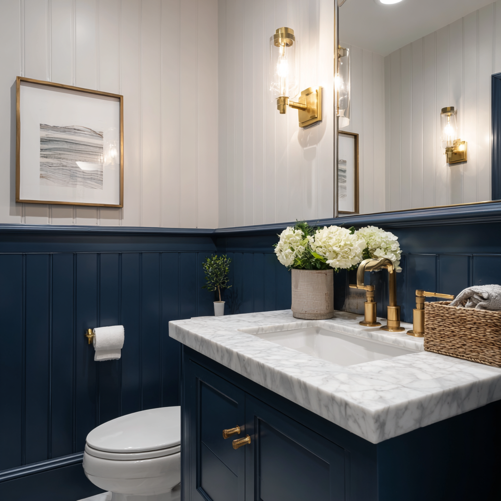 Two-tone bathroom with navy lower walls and cream upper