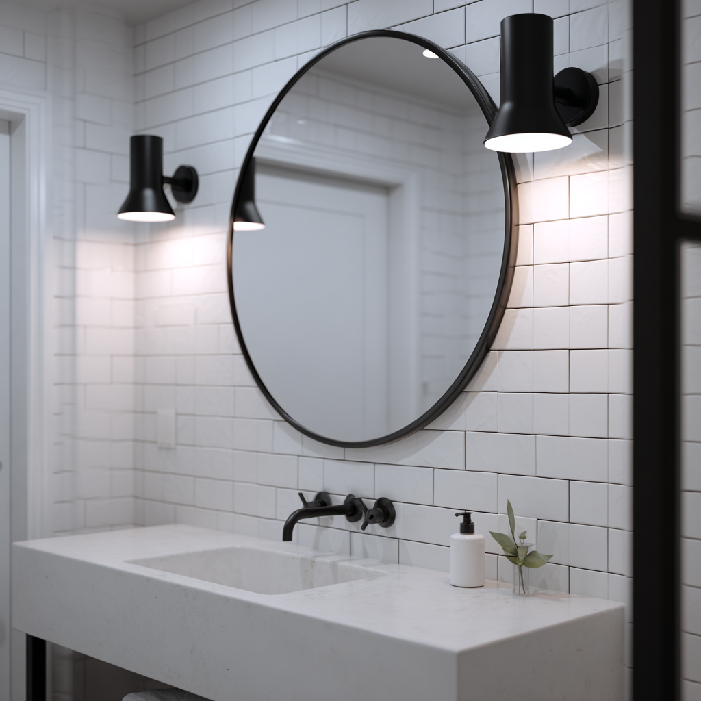 Two vertical sconces flanking small mirror in compact bathroom