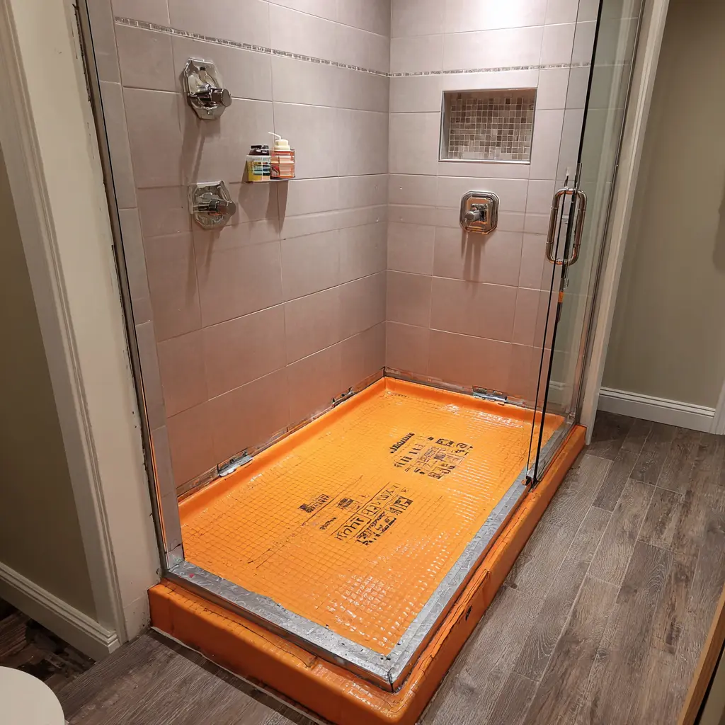 Installing sheet membrane in shower pan during waterproofing bathroom remodel