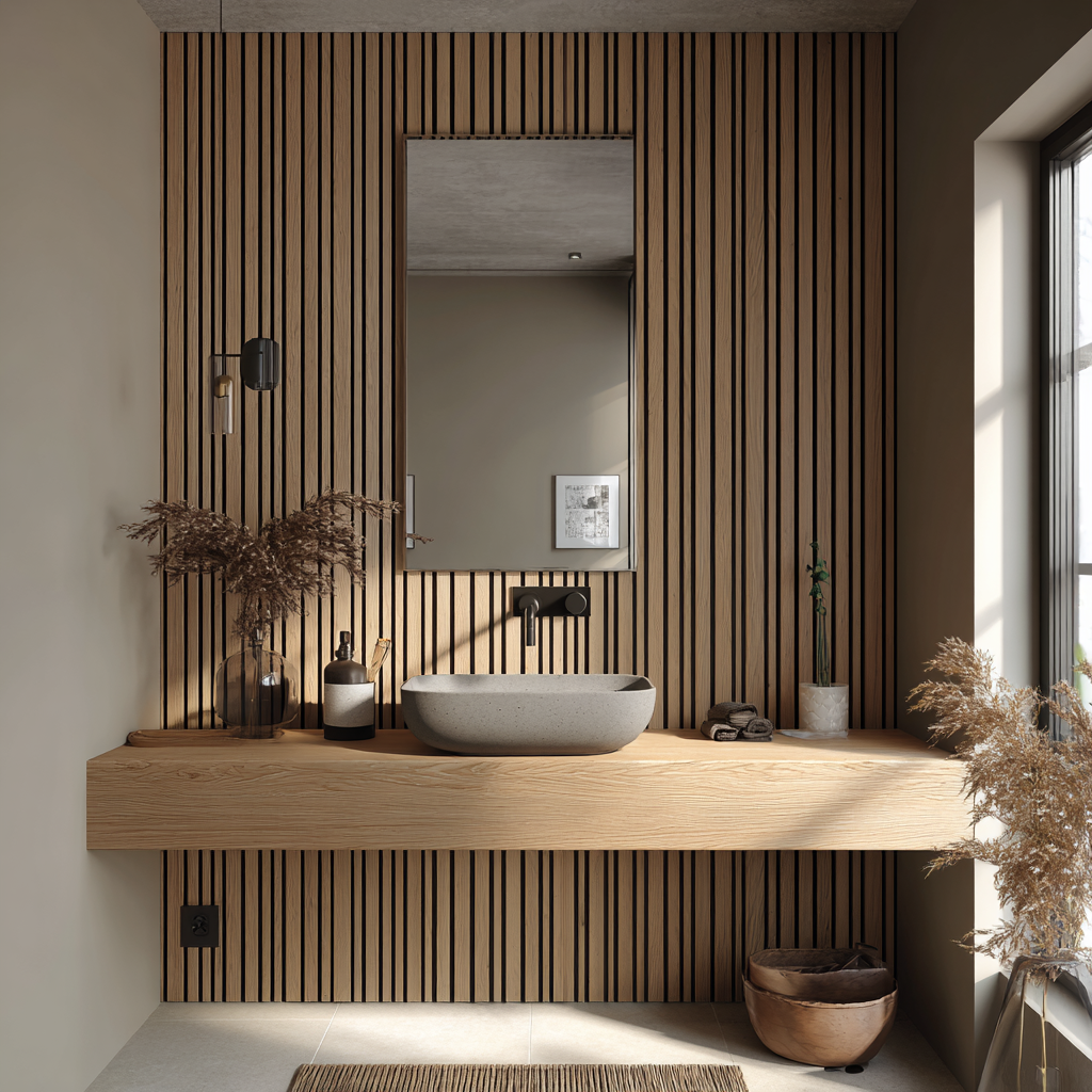 Vertical wood slat accent wall in warm stain